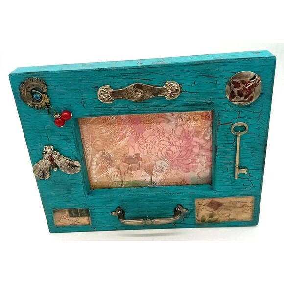 Unique Wooden Junk Art Frame Turquoise Crackle Paint Travel Theme Print Picture - Picture 1 of 8